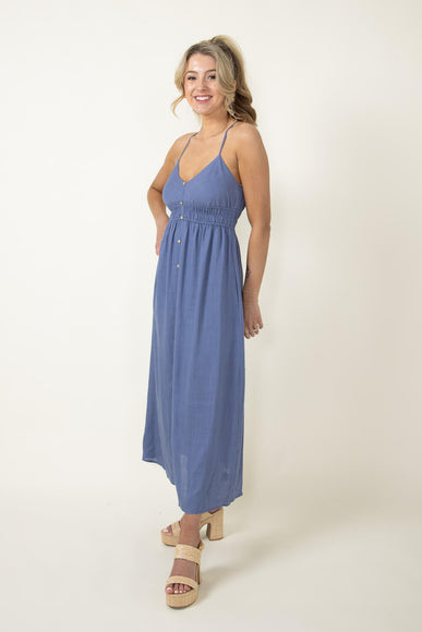 Button Front Midi Dress for Women in Indigo Blue