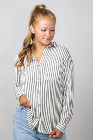 C & C California Marina Luxe Button Up Shirt for Women in Antique White Stripe