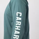 Carhartt Force Relaxed Fit Midweight Long Sleeve Logo Hooded T-Shirt for Men in Frosted Balsam