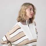 Colorblock Half Zip Striped Sweater for Women in Ecru