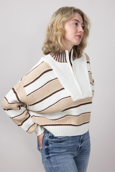 Colorblock Half Zip Striped Sweater for Women in Ecru