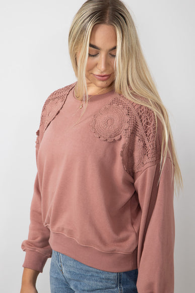  C & C California Daisy Crochet Terry Crewneck Pullover for Women in Burlwood