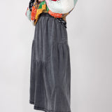 Denim Tiered Midi Skirt for Women in Black