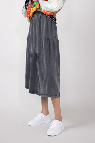 Denim Tiered Midi Skirt for Women in Black