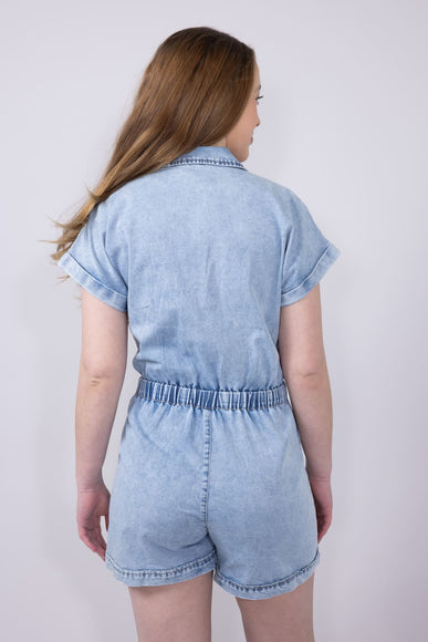 Elan Washed Denim Zip Front Tie Romper for Women in Denim