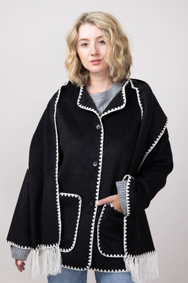 Elan Blanket Stitch Jacket with Detachable Scarf for Women in Black