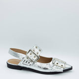  Soda Grillo Buckle Sling Flats for Women in Silver 