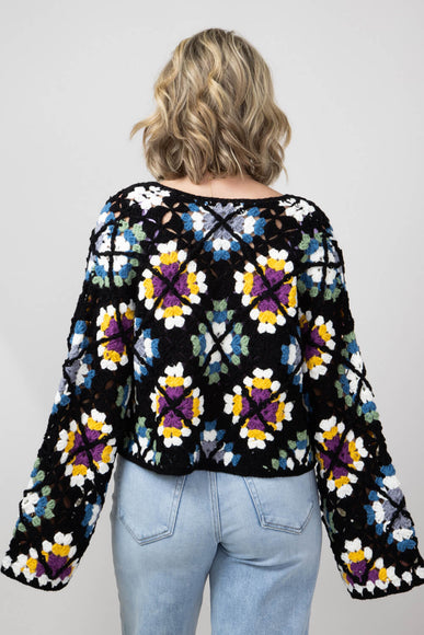 Elan Granny Square Crochet Cropped Cardigan for Women in Multi