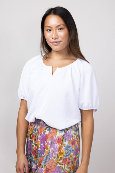 Chris & Carol Button Front Puff Sleeve Shirt for Women in Ivory