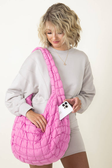 Large Quilted Puffer Carryall Bag for Women in Pink