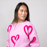 Long Sleeve Pink Hearted Sweater for Women in Pink 