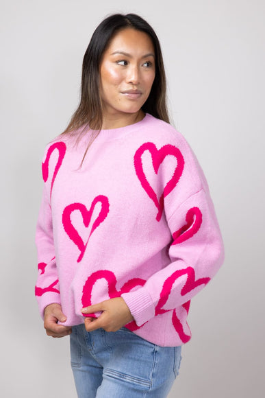 Long Sleeve Pink Hearted Sweater for Women in Pink 