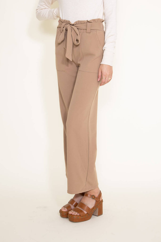 Taupe Crepe Dip Cross Over Hem Flare Pants