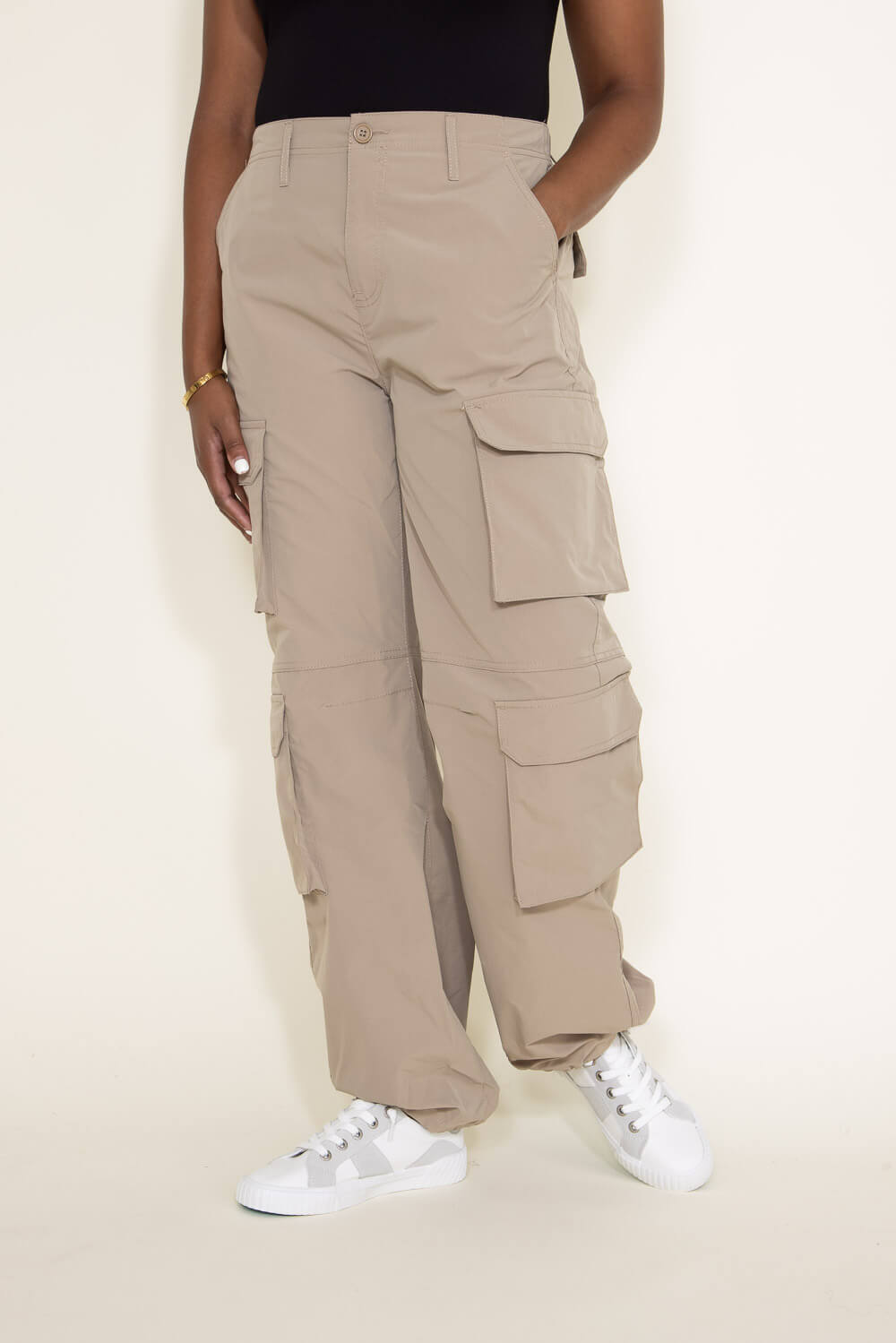 Love Tree Nylon Cargo Baggy Parachute Pants for Women in Pink