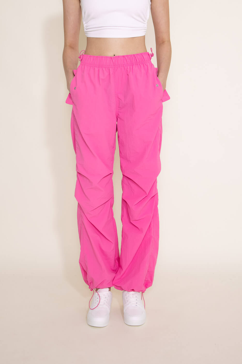 Pink PU Leather Cargo Pants Women Elastic Waist Leather Straight
