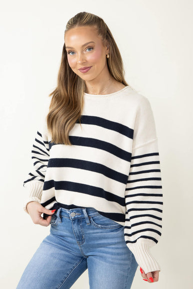 Navy Striped Sweater for Women in Ivory