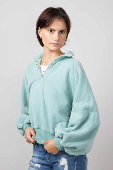 Snap Button Collared Fleece for Women in Sage