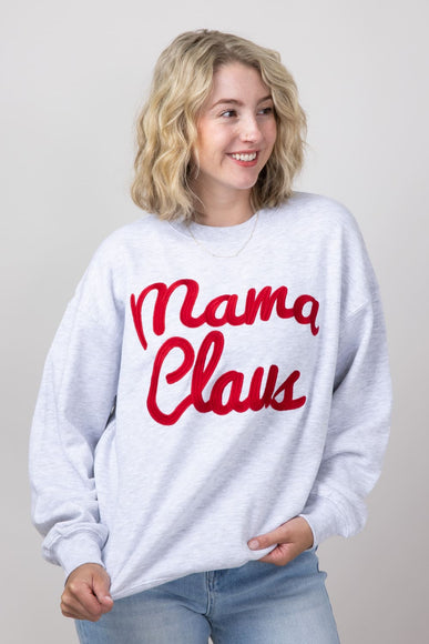 1897 Active Mama Clause Embroidered Fleece Sweatshirt for Women in Ice Grey