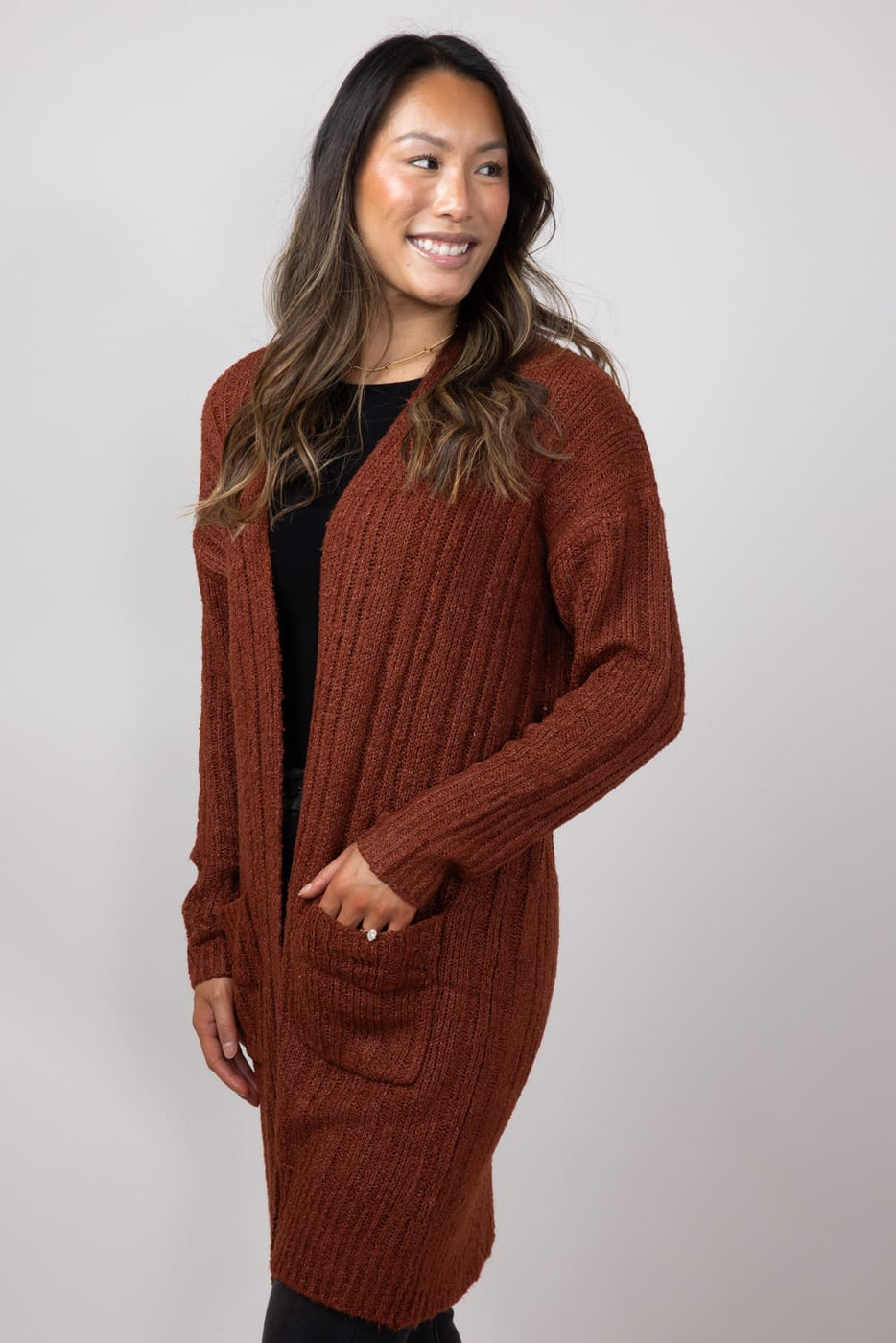 Ribbed Cardigan with Pockets for Women in Terracotta