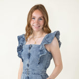 Ruffle Shoulder Denim Romper for Women in Denim