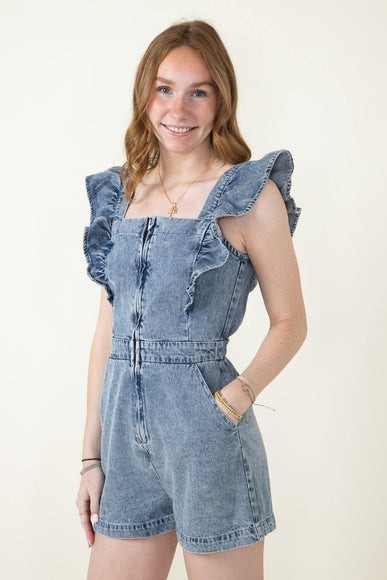 Ruffle Shoulder Denim Romper for Women in Denim