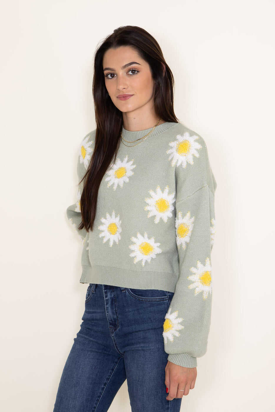 Simply Southern Daisy Print Cropped Sweater for Women in Green