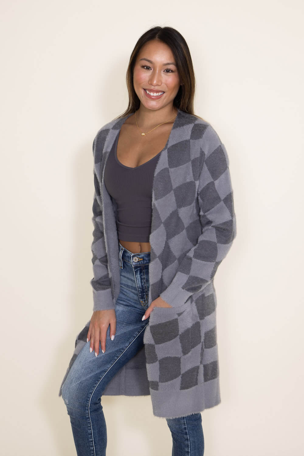 Simply Southern Fuzzy Checkerboard Long Cardigan for Women in Grey