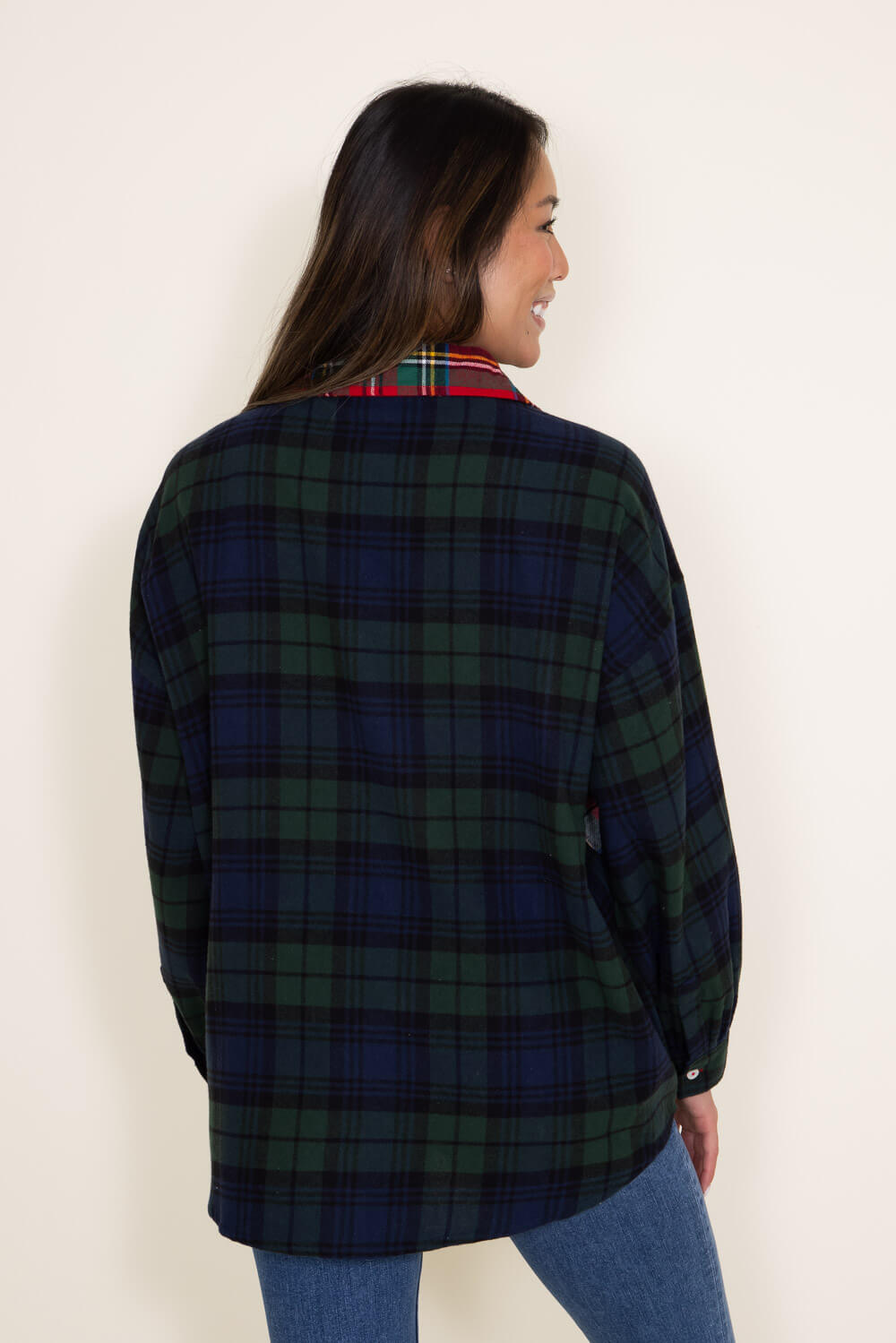 Holiday Flannel Shirt Red/Green/Ecru Beige, 100% Cotton, Women's Size S | April Cornell