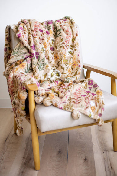 Simply Southern Sherpa Pom Pom Throw Blanket in Tan Floral