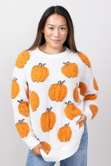 Simply Southern Fuzzy Crewneck Sweater for Women in Cream Pumpkin