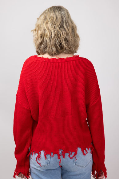 Simply Southern Knit V-Neck Merry Distressed Sweater for Women in Red