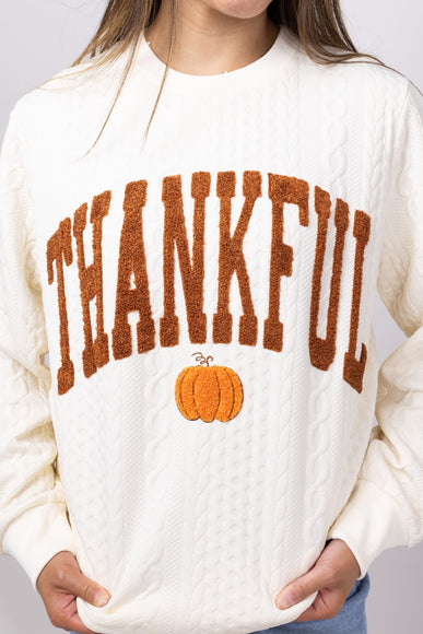 Simply Southern Braided Crewneck Thankful Sweater for Women in Cream