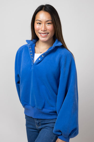 Snap Button Collared Fleece for Women in Cobalt