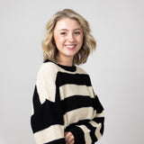 La Miel Striped Waffle Knit Loose Fit Sweater for Women in Black/Cream