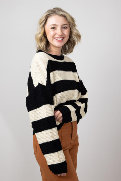 La Miel Striped Waffle Knit Loose Fit Sweater for Women in Black/Cream