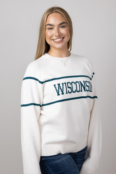 Thread & Supply Wisconsin Varsity Lettering Sweater for Women in Cream/Pinegreen