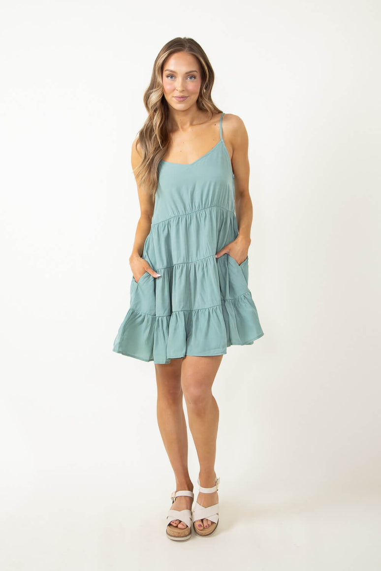 Tiered Short Dress for Women in Green | YD1248C-SAG – Glik's