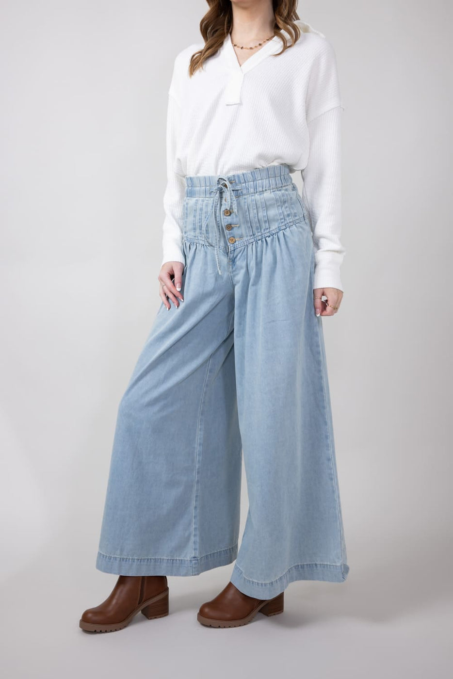 Yoke Pintuck Wide Leg Denim Pants for Women | MAP2991-DENIM – Glik's