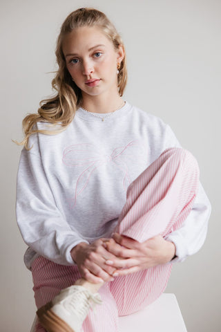 1897 Active Embroidered Bow Fleece Crewneck for Women in Ice Grey