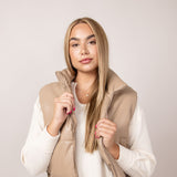 Cropped Faux Leather Puffer Vest for Women in Taupe