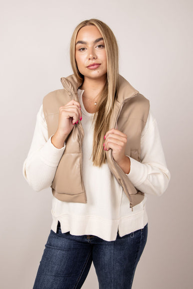 Cropped Faux Leather Puffer Vest for Women in Taupe