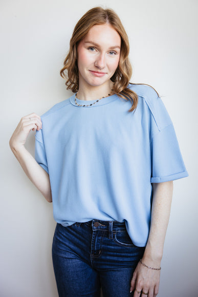 Blu Pepper Short Sleeve Crewneck Ribbed Knit Shirt for Women in Light Blue