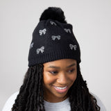 C.C. Rhinestone Mini Bow Pom-Pom Beanie for Women in Black