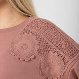  C & C California Daisy Crochet Terry Crewneck Pullover for Women in Burlwood