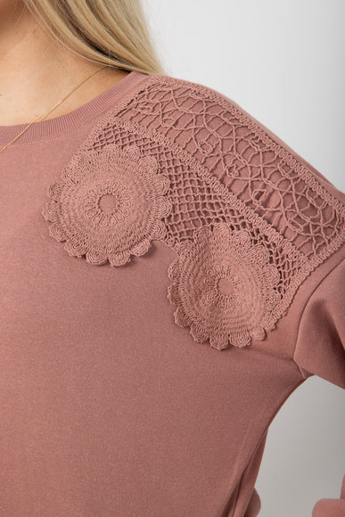  C & C California Daisy Crochet Terry Crewneck Pullover for Women in Burlwood