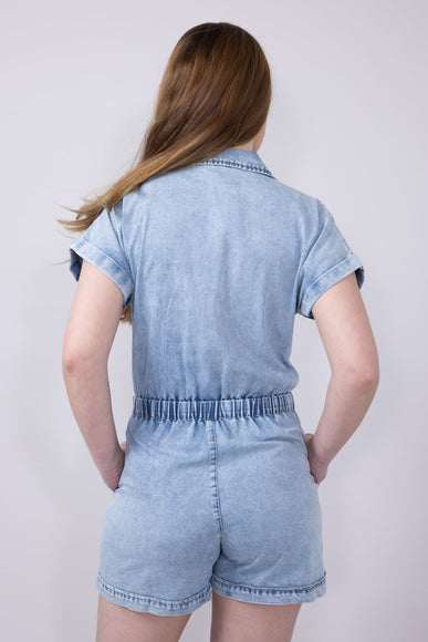 Elan Washed Denim Zip Front Tie Romper for Women in Denim