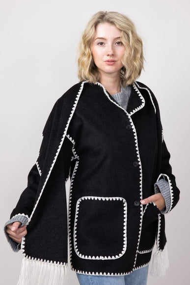 Elan Blanket Stitch Jacket with Detachable Scarf for Women in Black