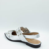  Soda Grillo Buckle Sling Flats for Women in Silver 