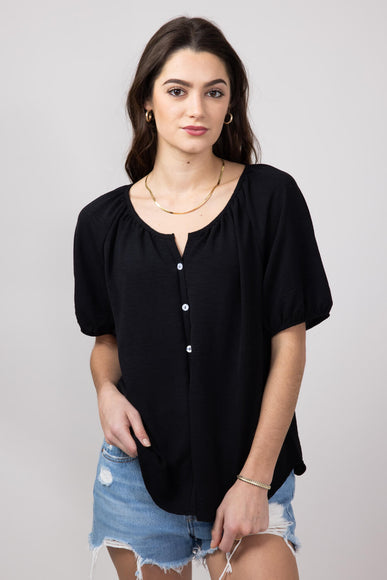 Chris & Carol Button Front Puff Sleeve Shirt for Women in Black