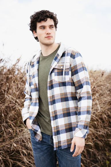 Hooded Plaid Flannel Shirt for Men in Ecru